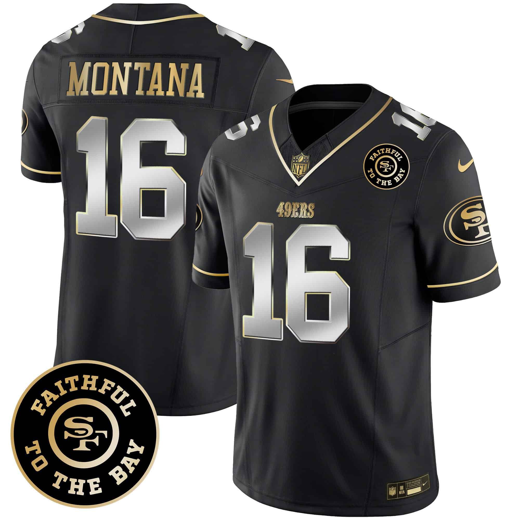 Men San Francisco 49ers 16 Montana Black 2024 Nike Faithful To The Bay Patch Vapor Limited NFL Jersey style 1